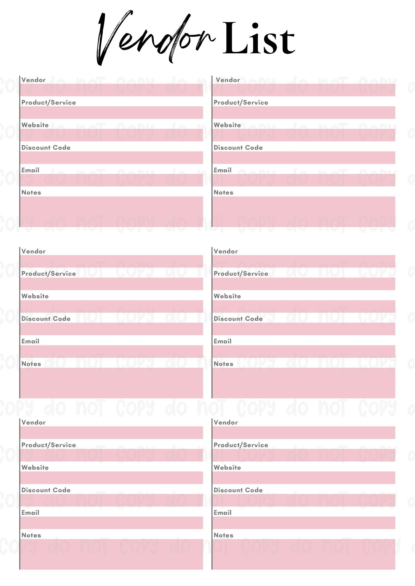 Picture of Vendor List Organize Digital Planner – S & S Transfers
