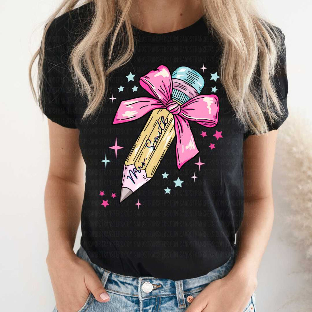 Custom Name Pink Bow Pencil - DTF Transfer