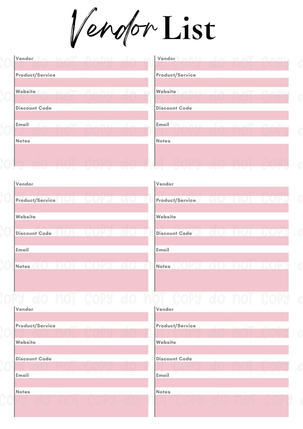 Vendor List Organize Digital Planner